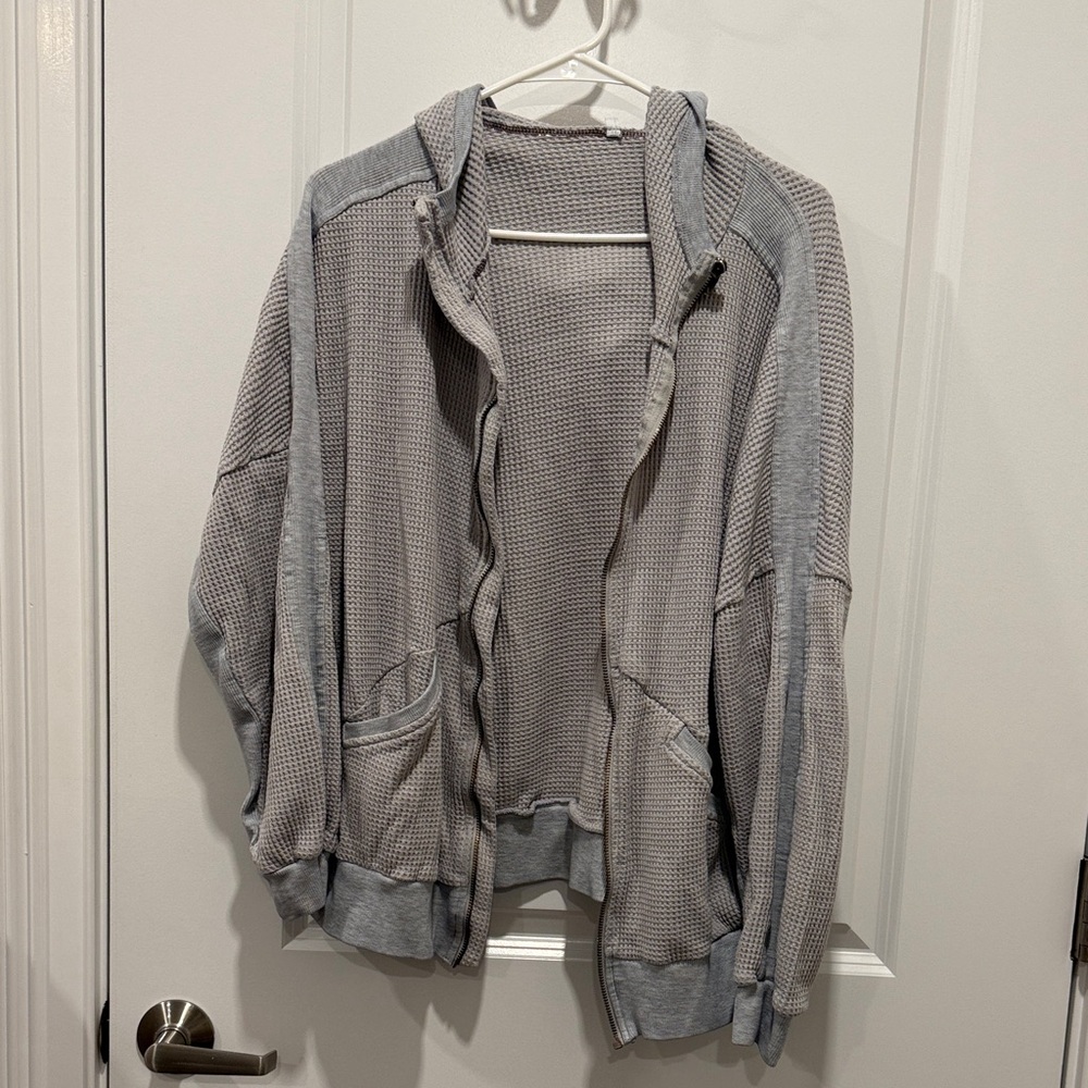 Gray Hooded Waffle Knit Jacket